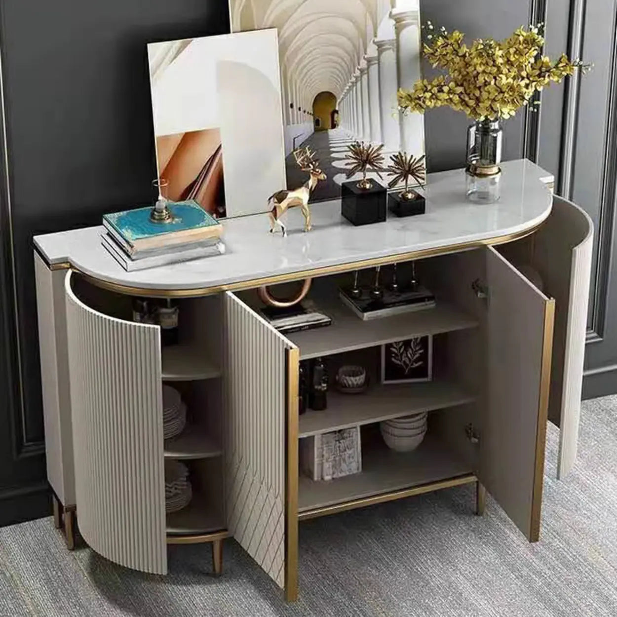 Faux Marble Half Moon Console Table