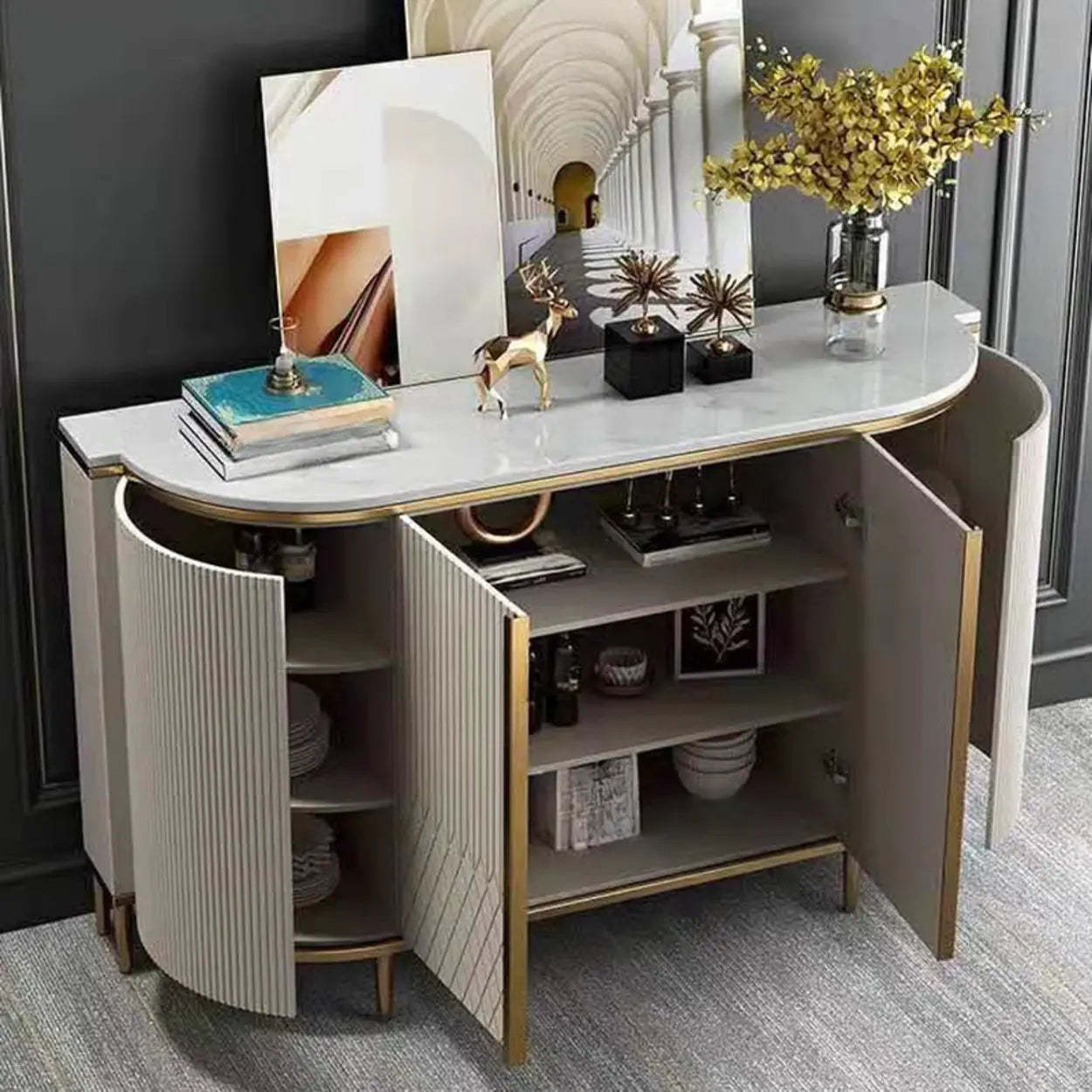 Faux Marble Half Moon Console Table