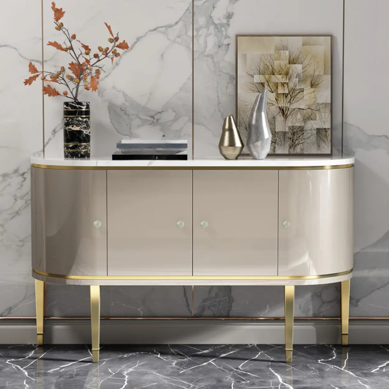 Half-Circle Gray Marble Console Table with Cabinets — White