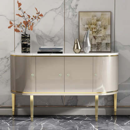 Half-Circle Gray Marble Console Table with Cabinets — White