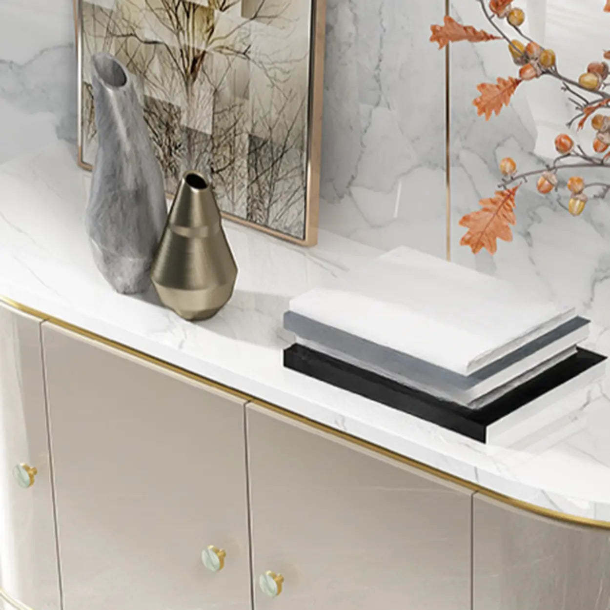 Half-Circle Gray Marble Console Table with Cabinets