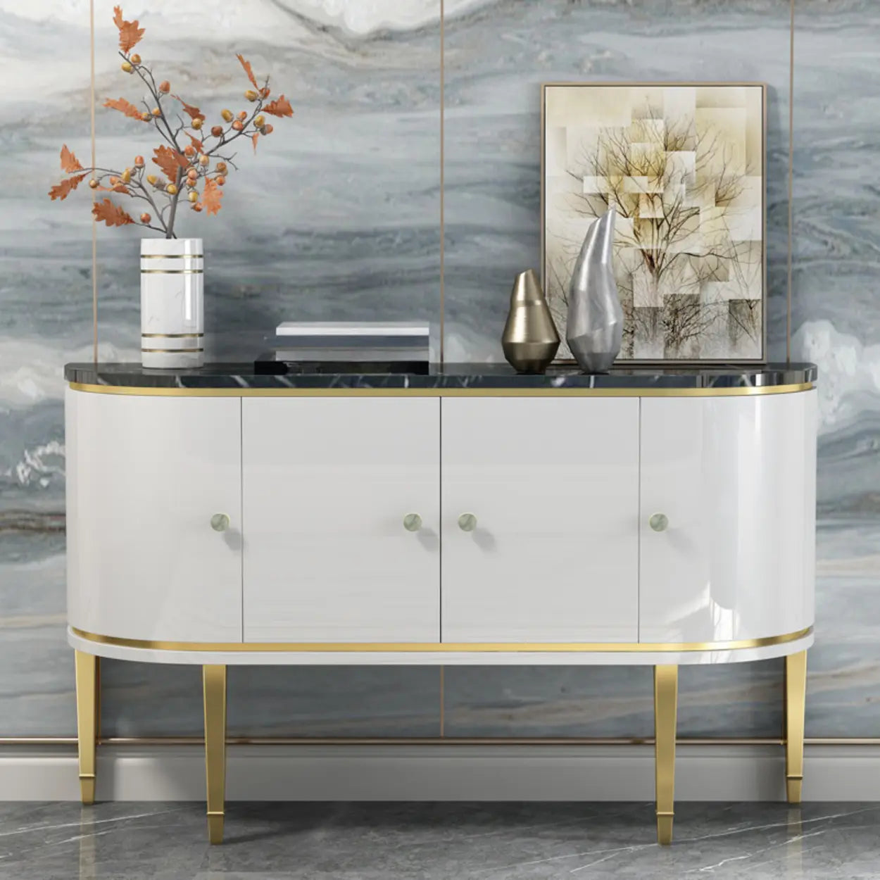 Half-Circle Gray Marble Console Table with Cabinets — Walnut/ Gray
