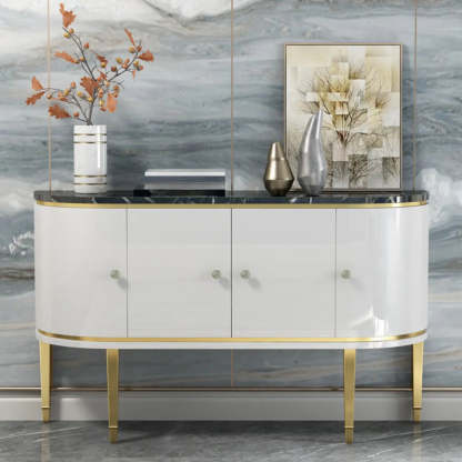 Half-Circle Gray Marble Console Table with Cabinets — Walnut/ Gray