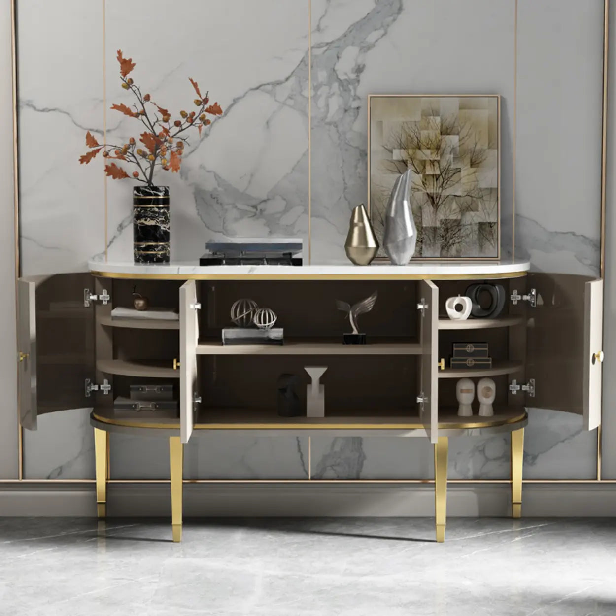 Half-Circle Gray Marble Console Table with Cabinets — Grey