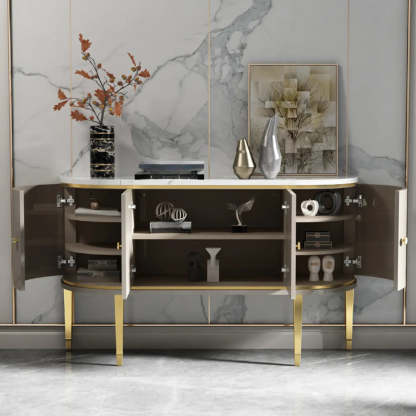 Half-Circle Gray Marble Console Table with Cabinets — Grey