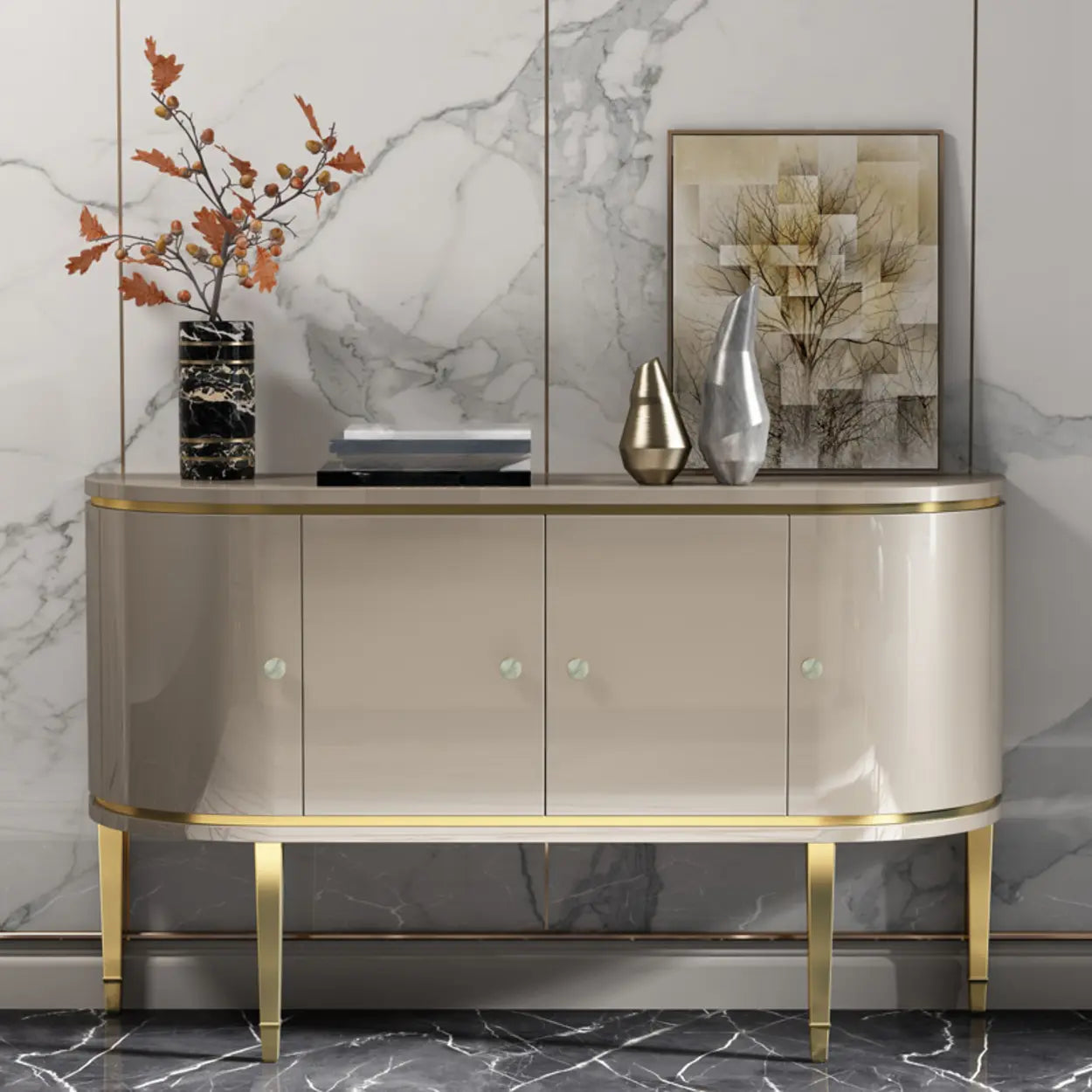 Half-Circle Gray Marble Console Table with Cabinets