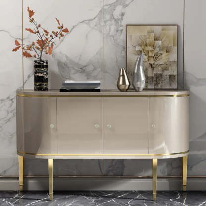Half-Circle Gray Marble Console Table with Cabinets