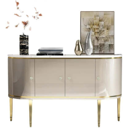 Half-Circle Gray Marble Console Table with Cabinets