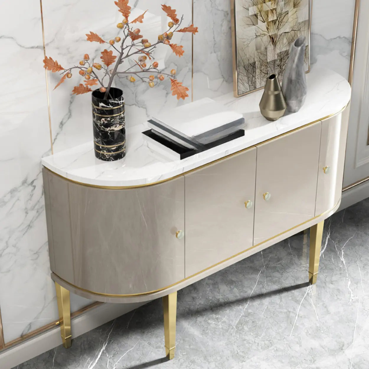 Half-Circle Gray Marble Console Table with Cabinets
