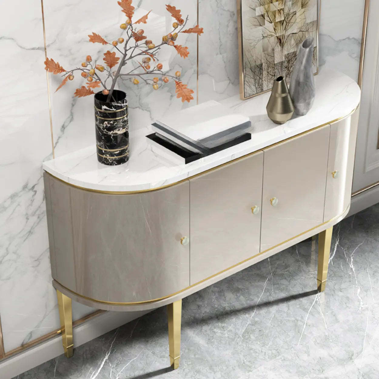 Half-Circle Gray Marble Console Table with Cabinets