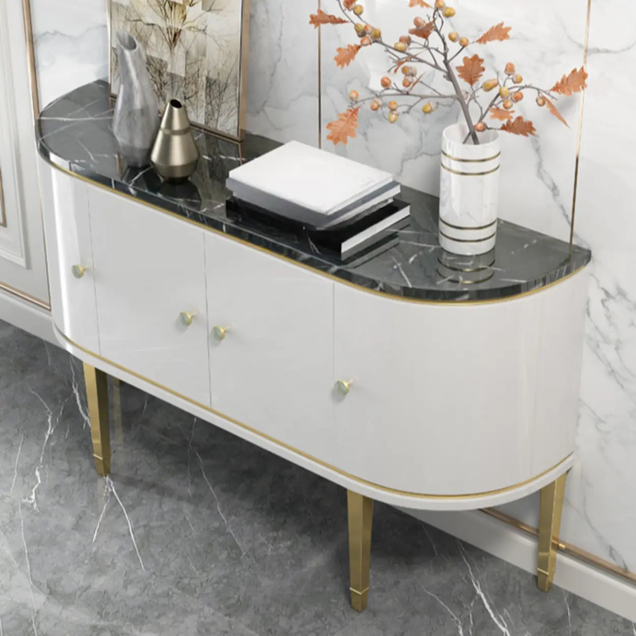 Half-Circle Gray Marble Console Table with Cabinets
