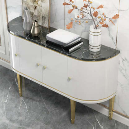 Half-Circle Gray Marble Console Table with Cabinets