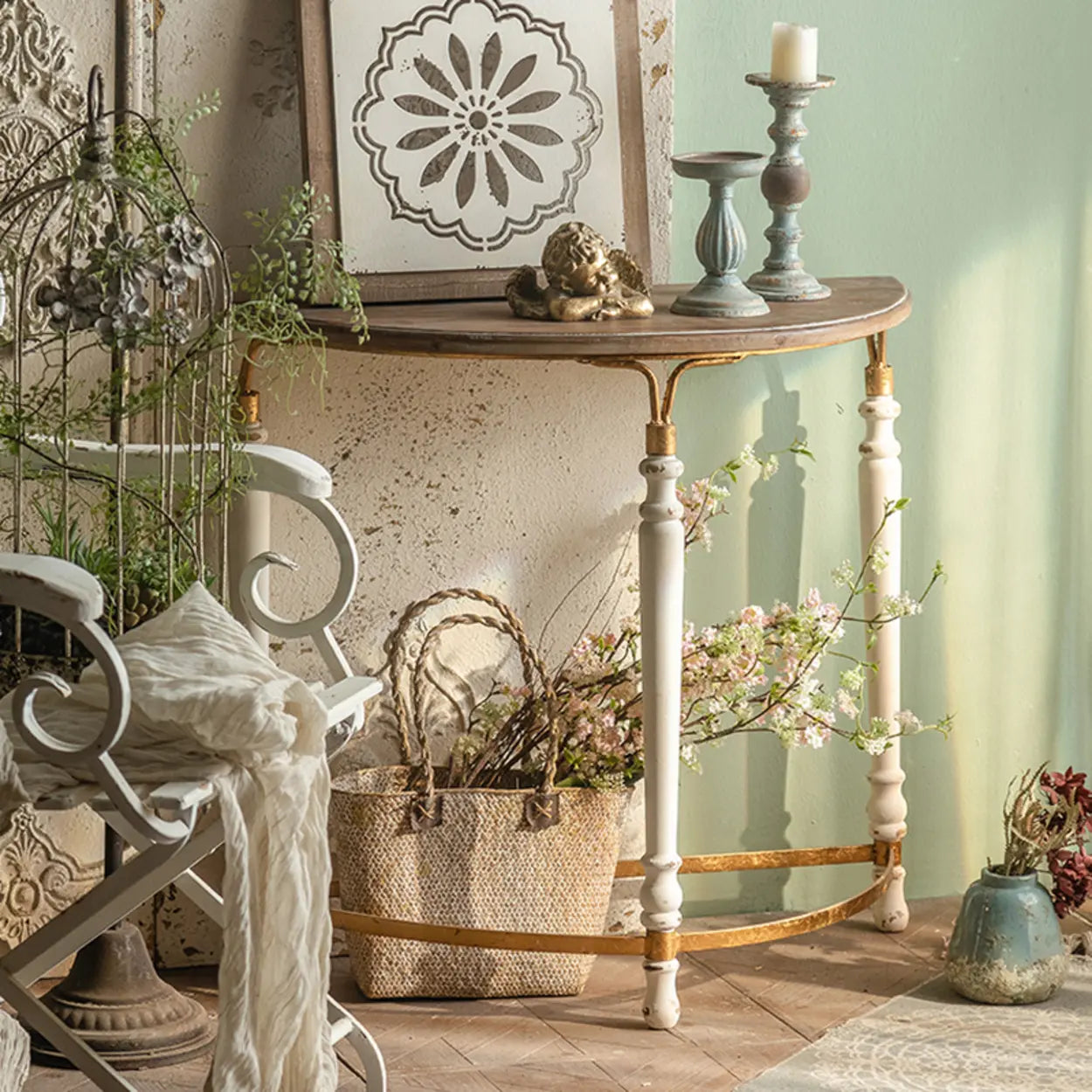 Half-Moon Distressed Brown Three-Leg Console Table — Brown/ White