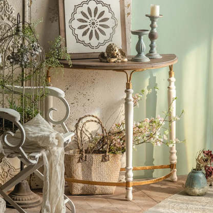 Half-Moon Distressed Brown Three-Leg Console Table — Brown/ White