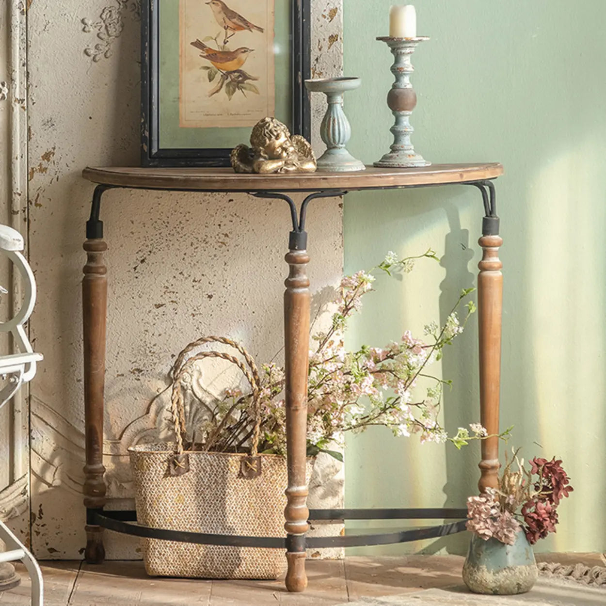 Half-Moon Distressed Brown Three-Leg Console Table — Brown/ Black
