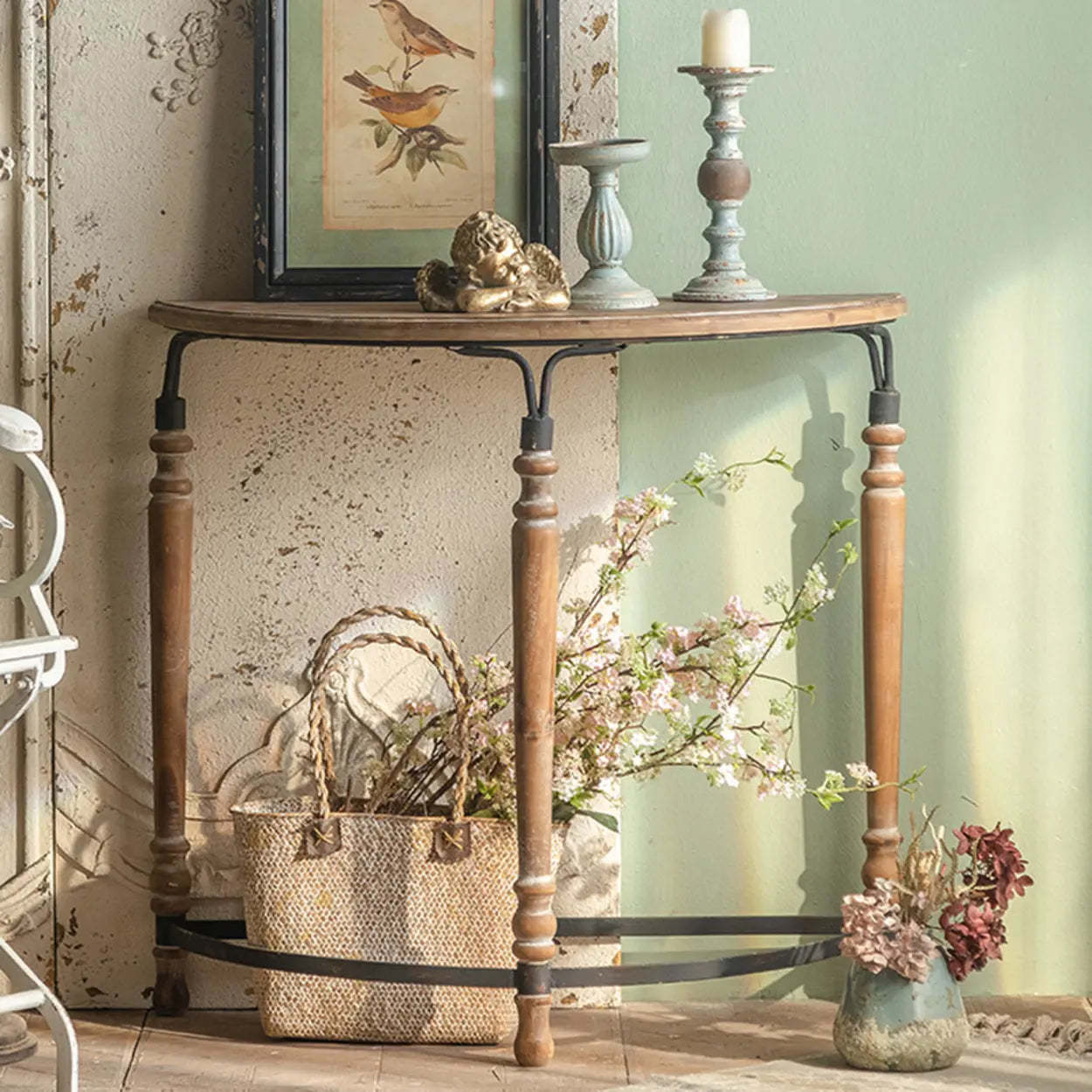 Half-Moon Distressed Brown Three-Leg Console Table — Brown/ Black