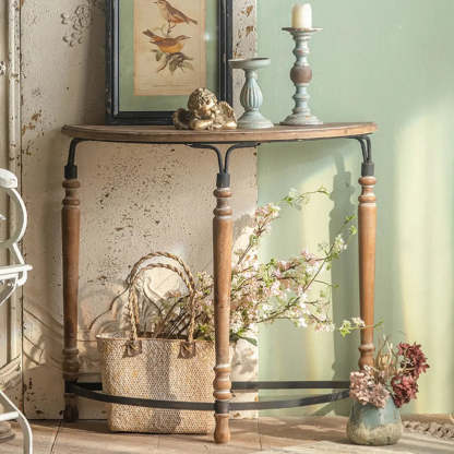 Half-Moon Distressed Brown Three-Leg Console Table — Brown/ Black