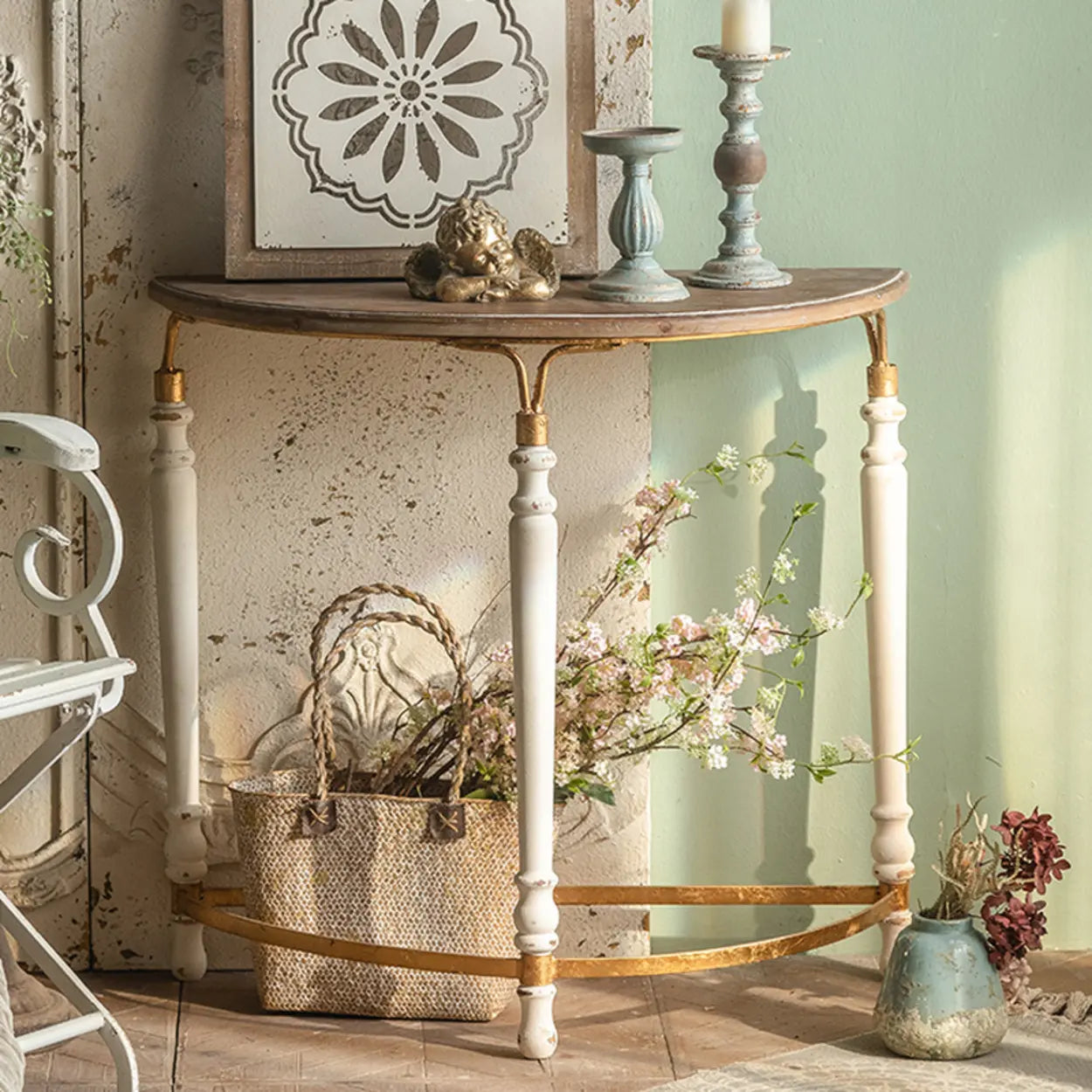 Half-Moon Distressed Brown Three-Leg Console Table