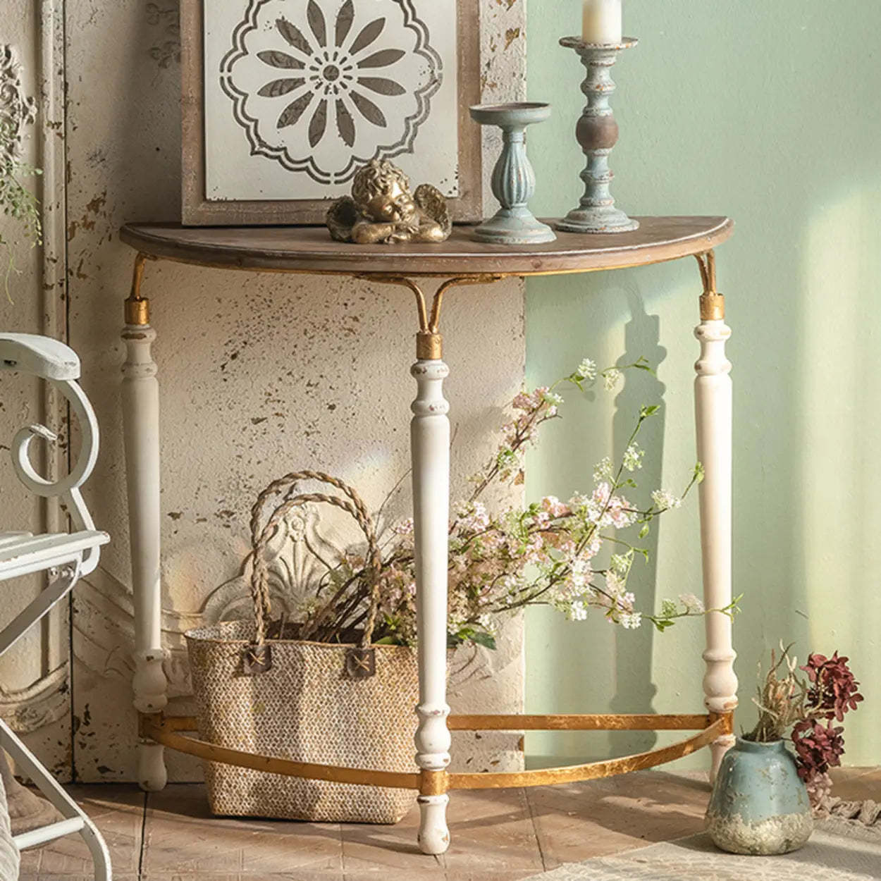 White french distressed half-moon end & side tables