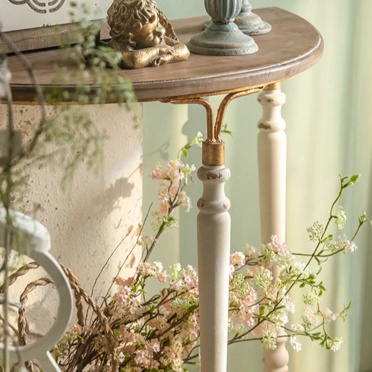 Half-Moon Distressed Brown Three-Leg Console Table