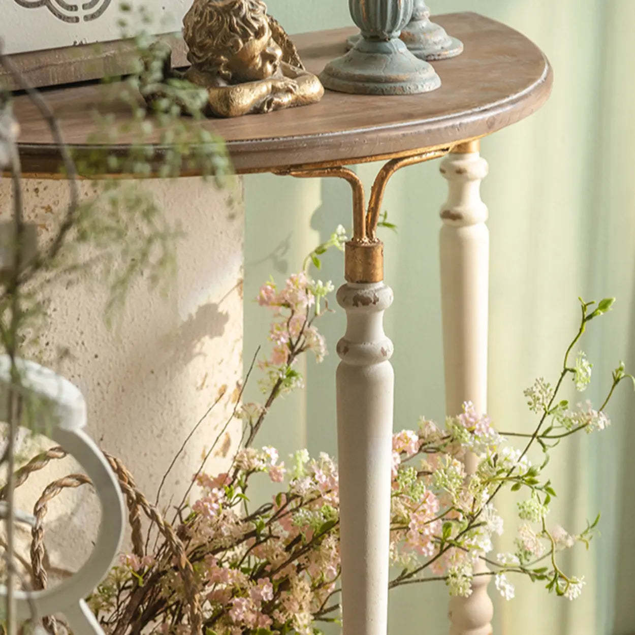 Half-Moon Distressed Brown Three-Leg Console Table