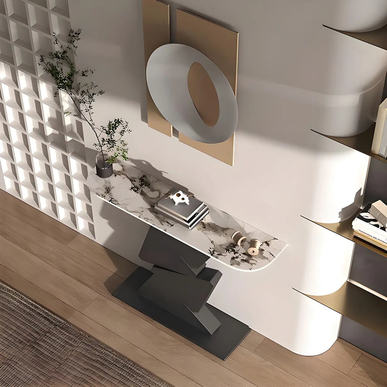 Half-Moon Gold Metal Hallway Console Table — Matte Black