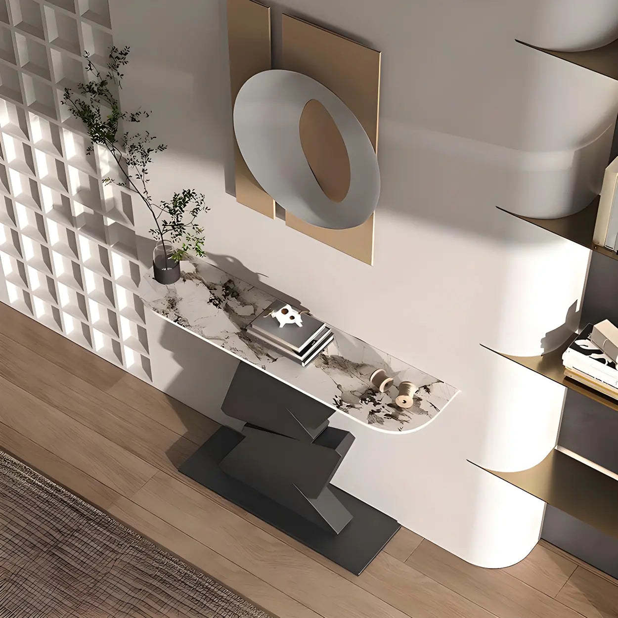Half-Moon Gold Metal Hallway Console Table — Matte Black