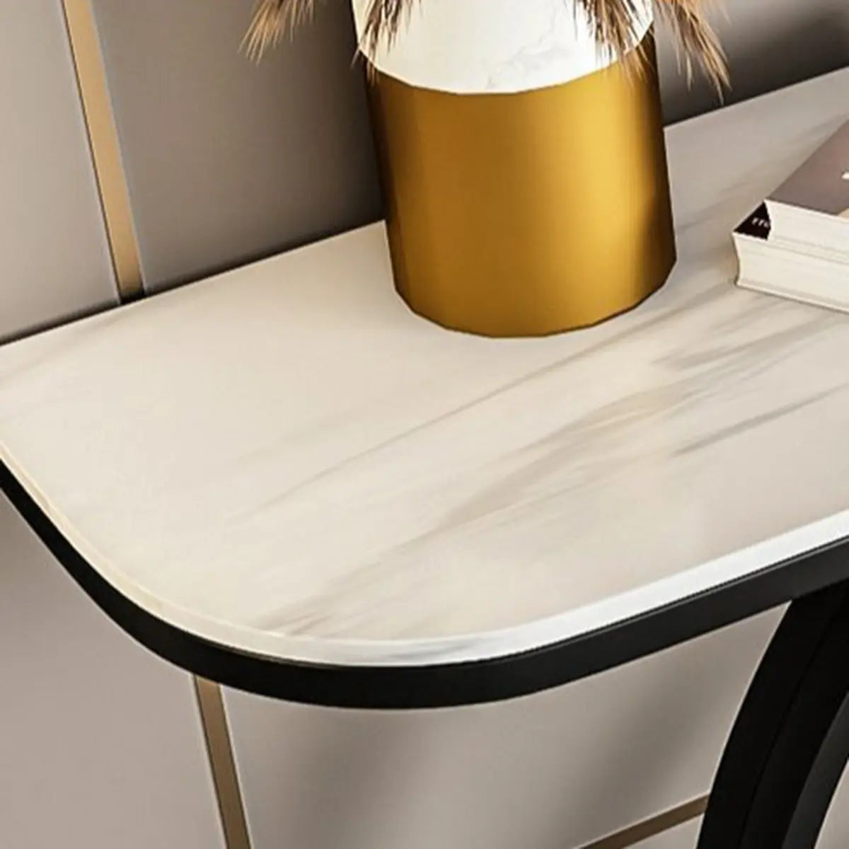 Half-Round Black Sintered Stone Console Table — Gold / Black/ Gold