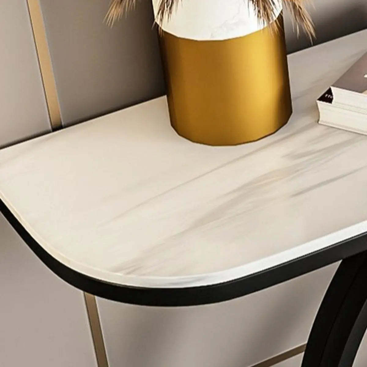 Half-Round Black Sintered Stone Console Table — Gold / Black/ Gold