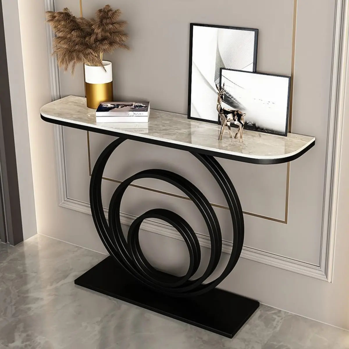 Half-Round Black Sintered Stone Console Table — Gold / White