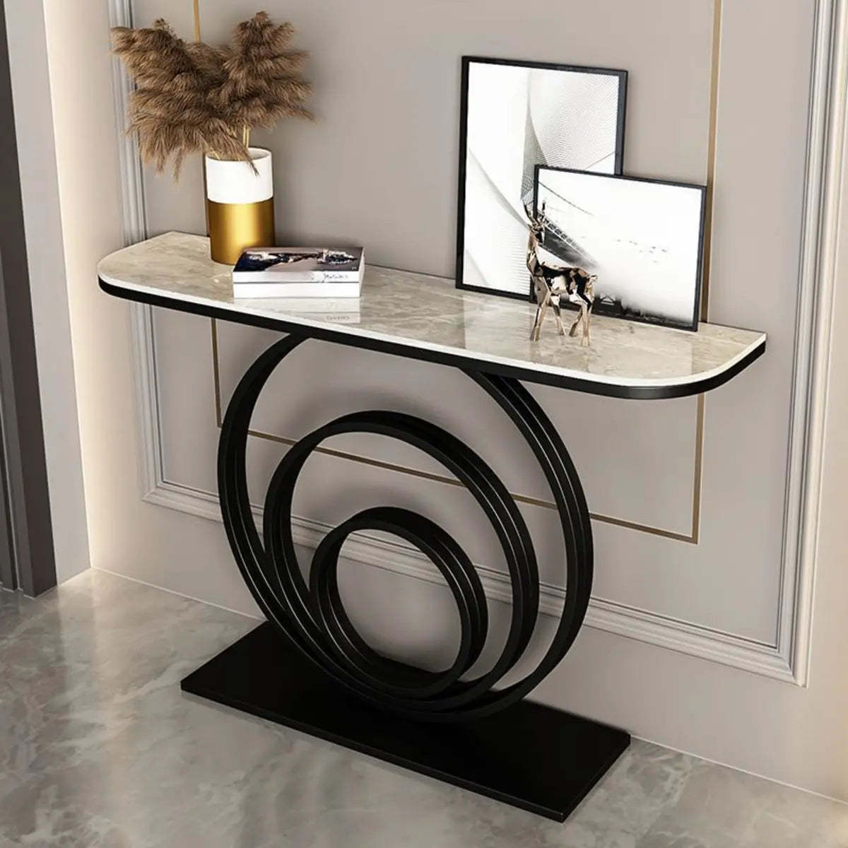 Half-Round Black Sintered Stone Console Table — Gold / White