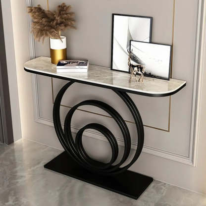 Half-Round Black Sintered Stone Console Table — Gold / White