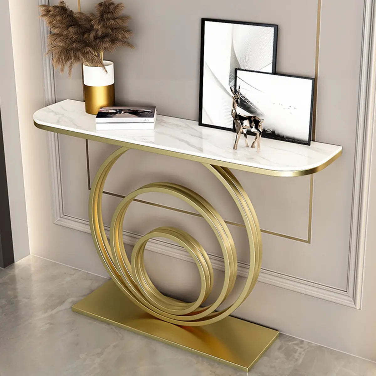 Half-Round Black Sintered Stone Console Table — Gold / Black/ Gold