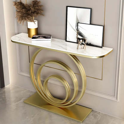 Half-Round Black Sintered Stone Console Table — Gold / Black/ Gold