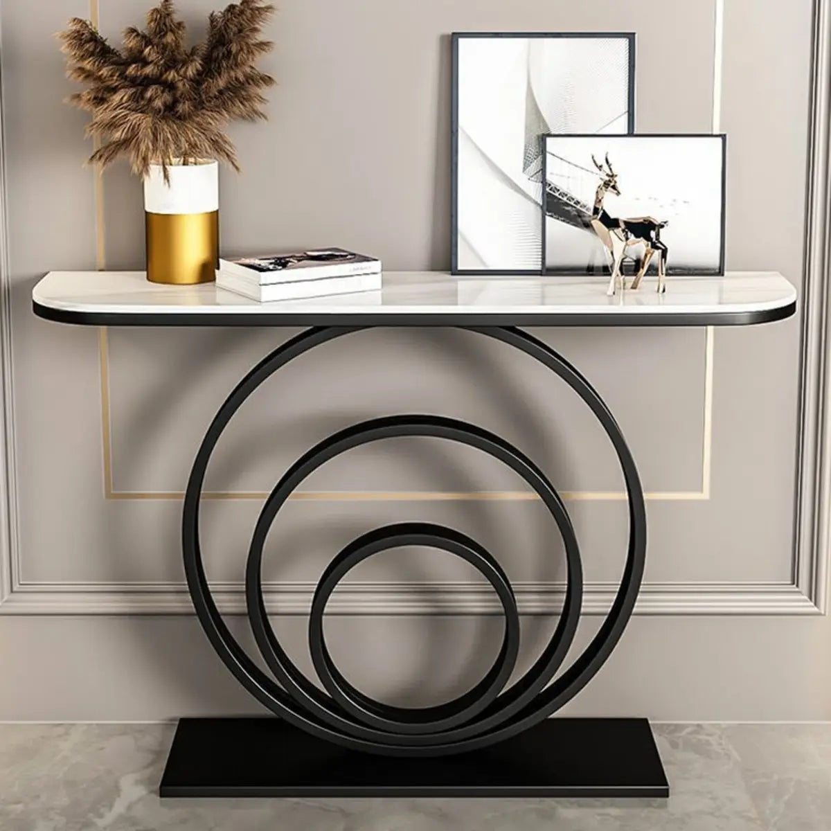 Half-Round Black Sintered Stone Console Table — Gold / Gray