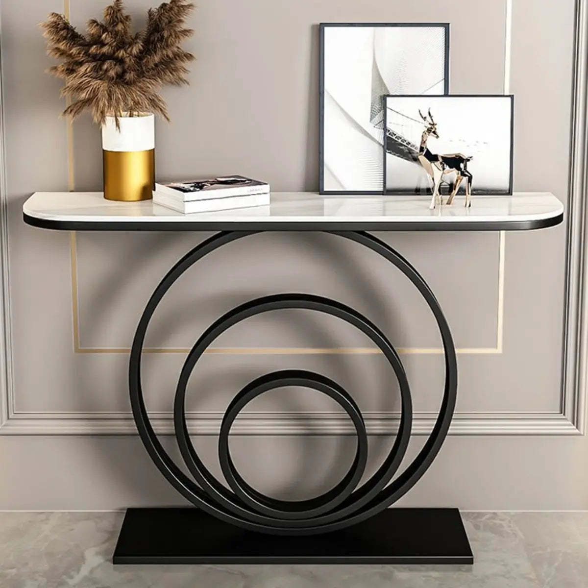 Half-Round Black Sintered Stone Console Table — Gold / Gray