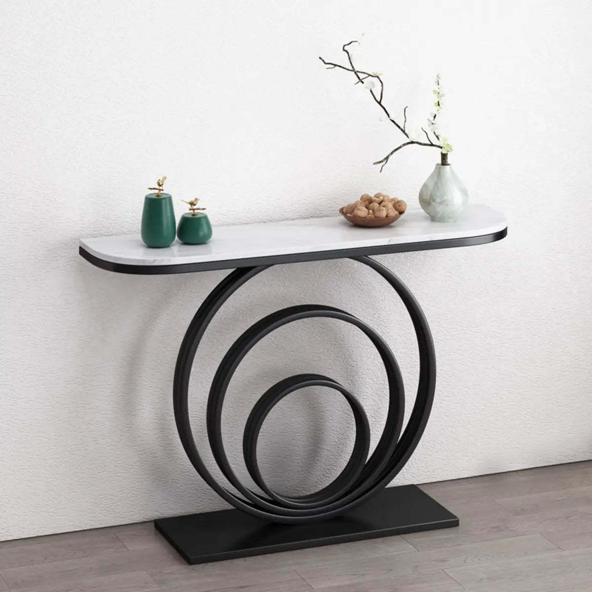 Half-Round Black Sintered Stone Console Table — Black / Black/ Gold