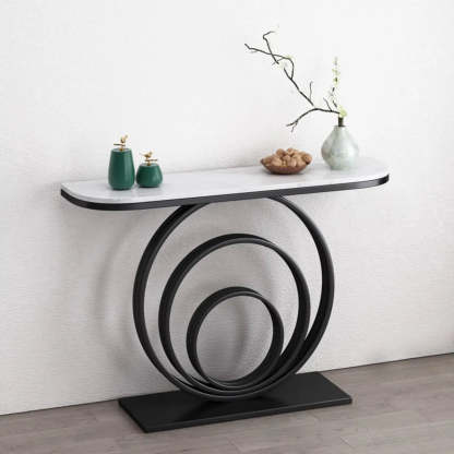 Half-Round Black Sintered Stone Console Table — Black / Black/ Gold