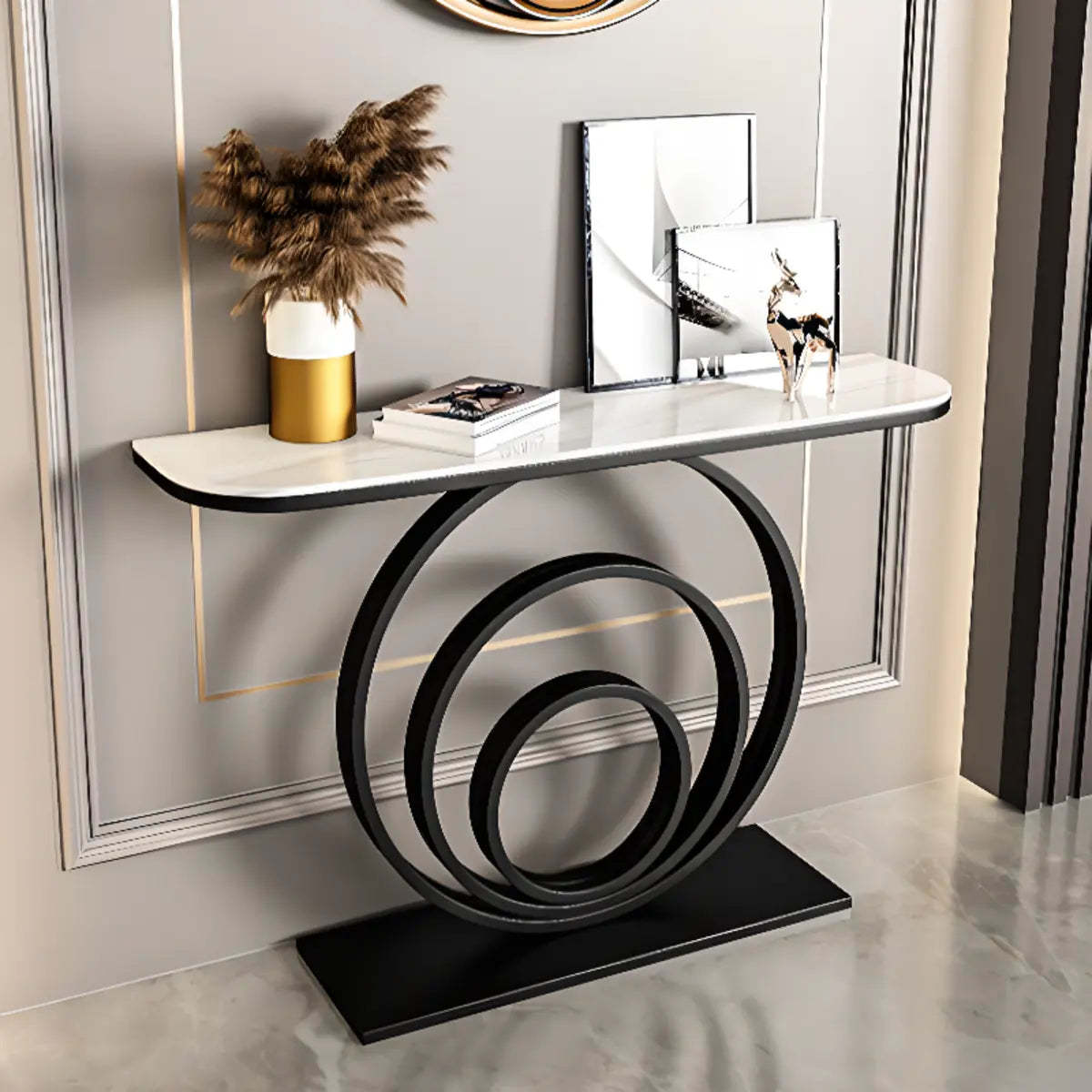 Half-Round Black Sintered Stone Console Table — Black / Gray