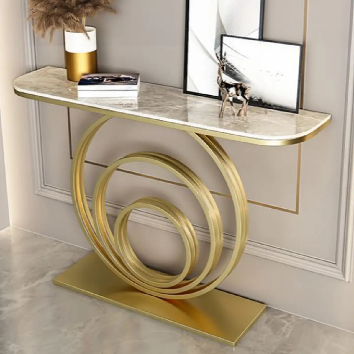 Half-Round Black Sintered Stone Console Table — Black / White