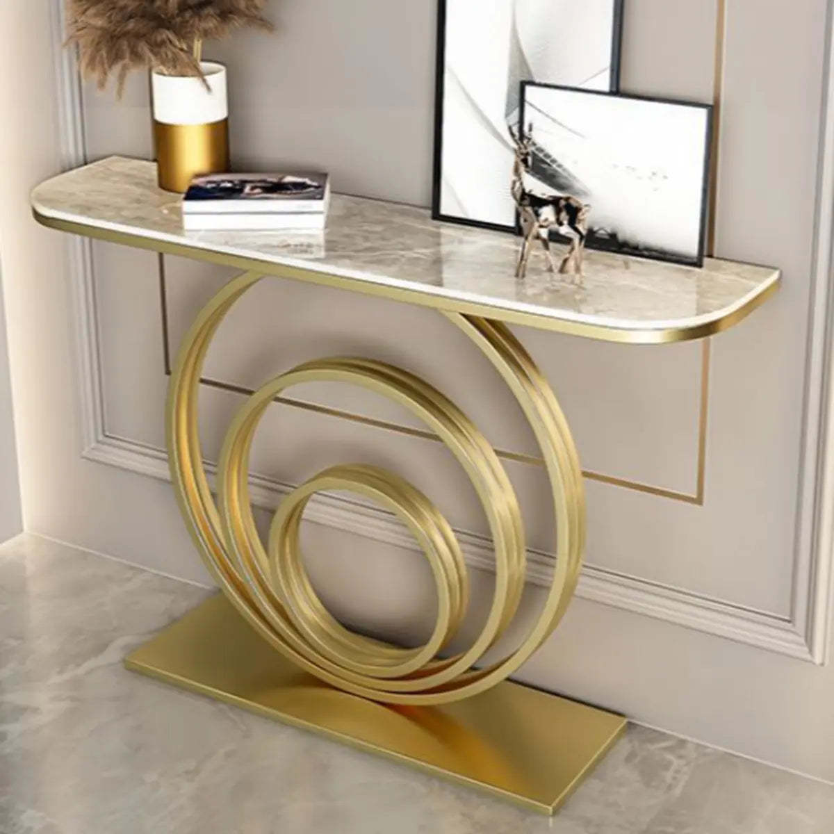 Half-Round Black Sintered Stone Console Table — Black / White