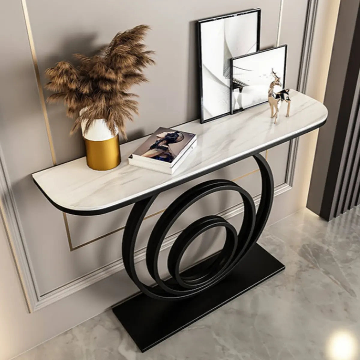Half-Round Black Sintered Stone Console Table — Black / Black/ Gold