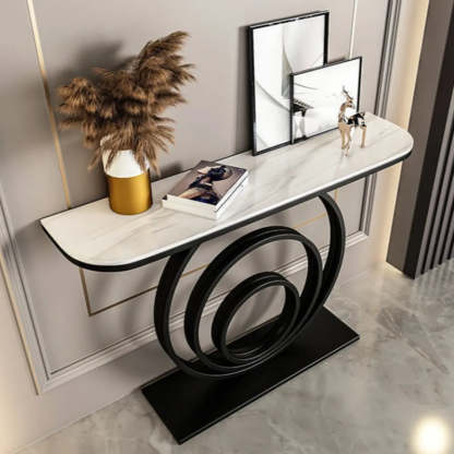 Half-Round Black Sintered Stone Console Table — Black / Black/ Gold