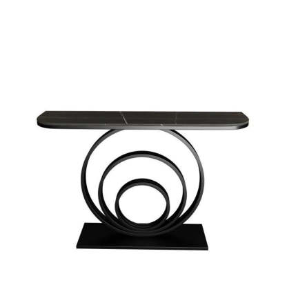 Half-Round Black Sintered Stone Console Table — Black / Black/ Gold