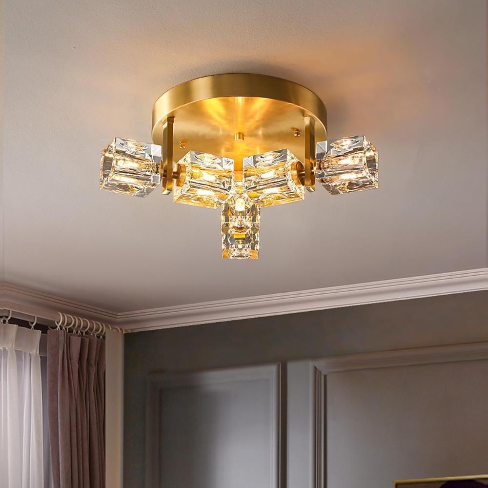 6-Light Unique Crystal Brass LED Flush Mount Light