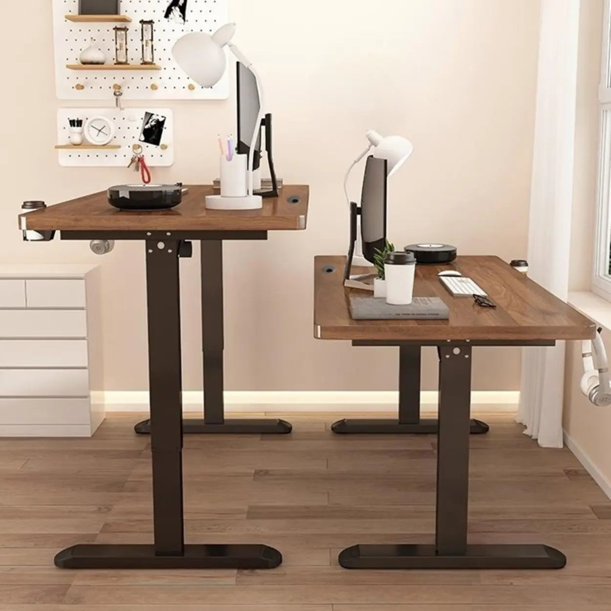 Height-Adjustable Walnut Wood T-Shape Standing Desk