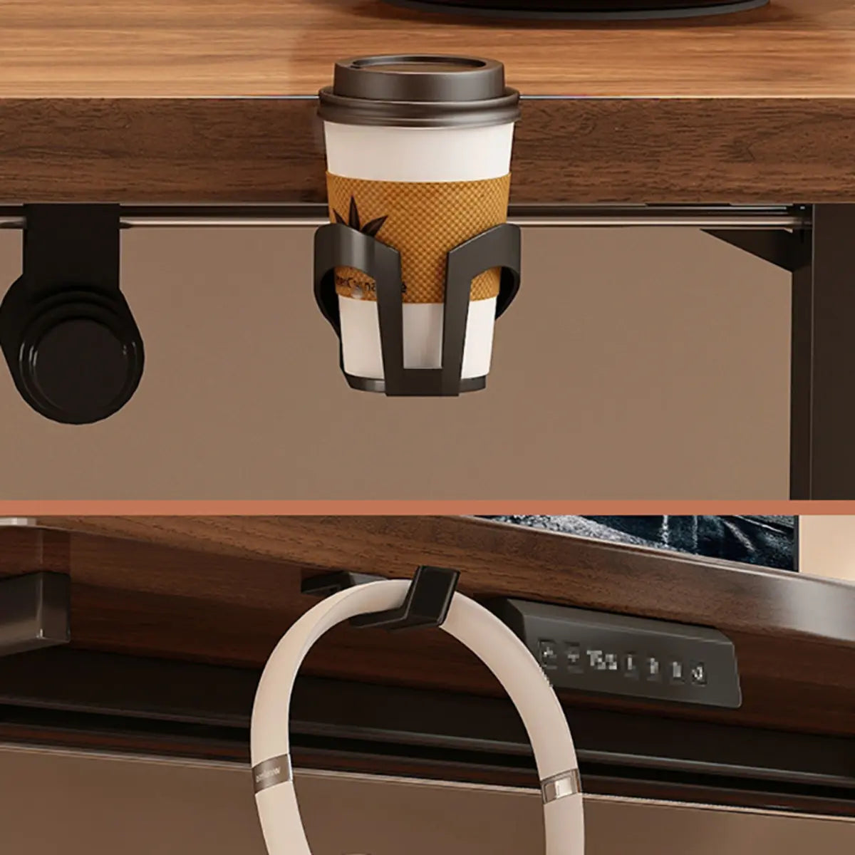Height-Adjustable Walnut Wood T-Shape Standing Desk — Without Chairs / Black-White