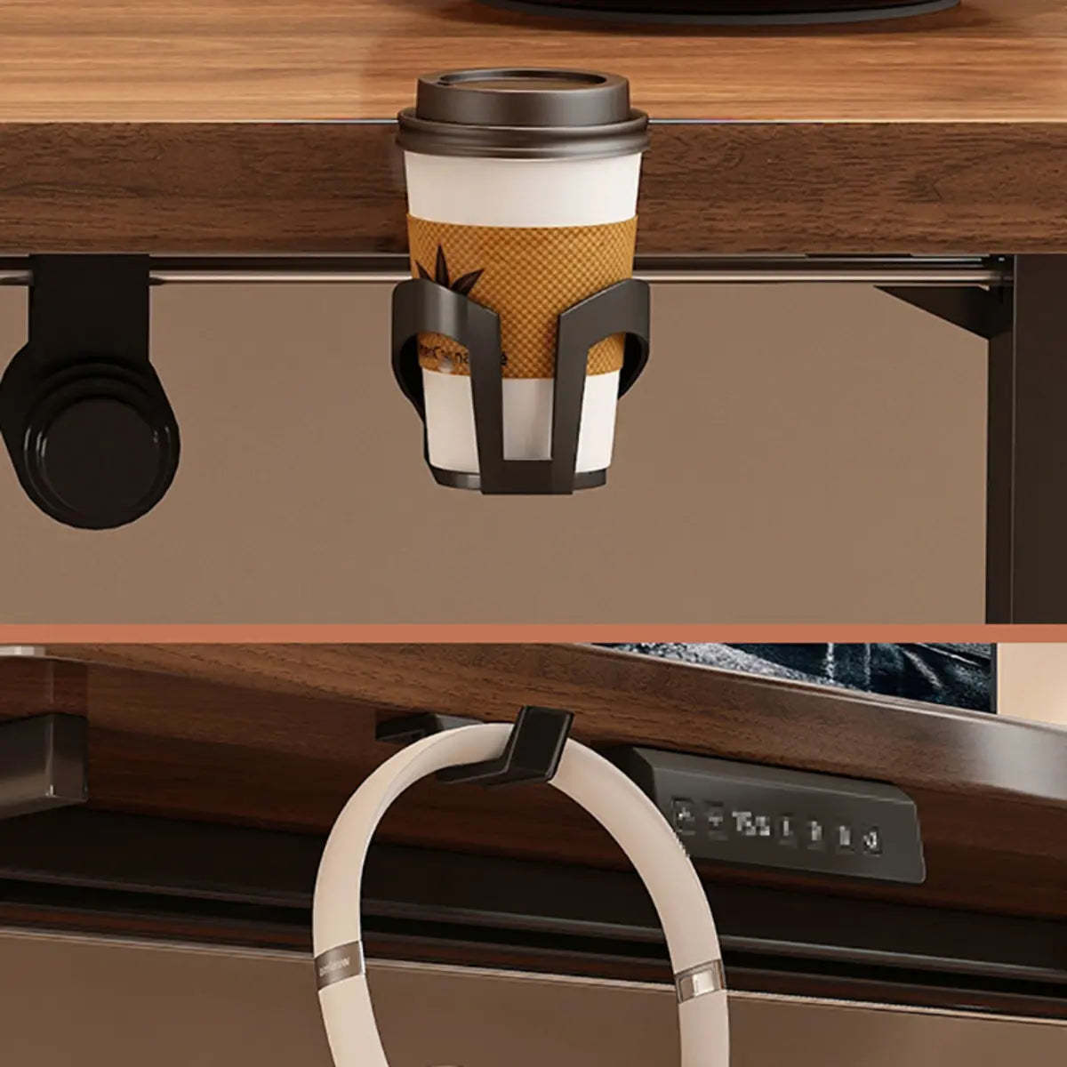 Height-Adjustable Walnut Wood T-Shape Standing Desk — Without Chairs / Black-White
