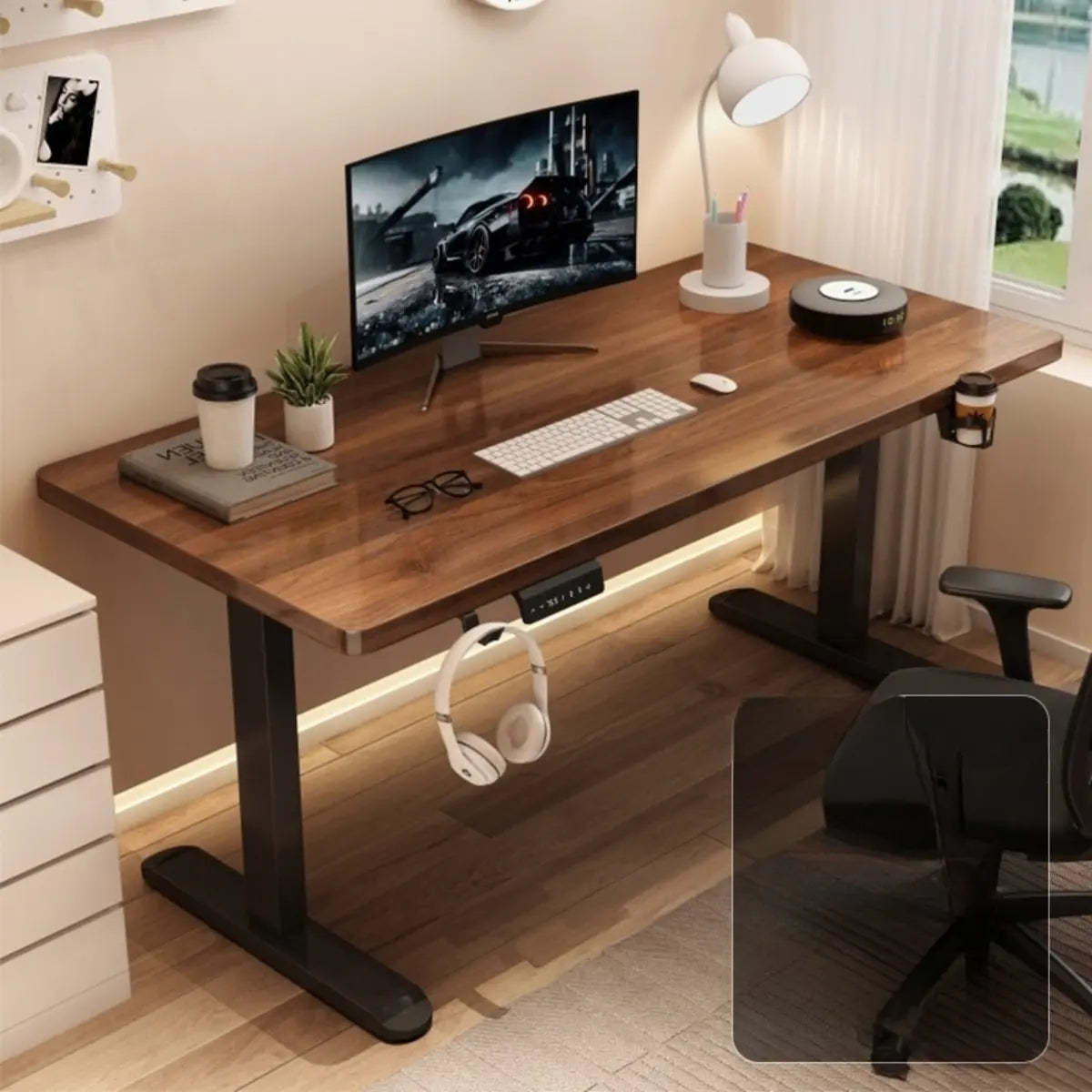 Modern height-adjustable desk wood desks — 31" L x 24" W x 45" H / Walnut / Black