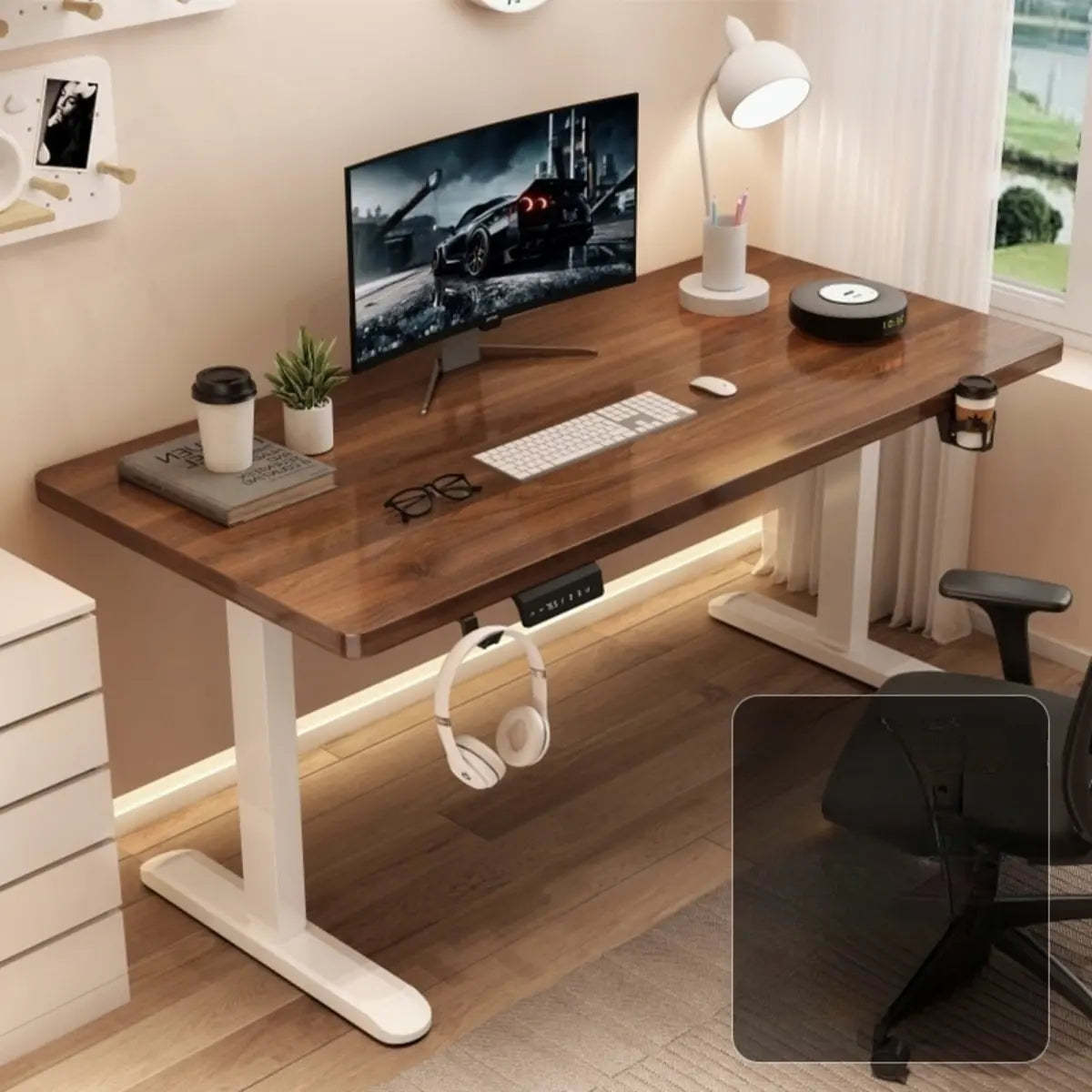 Height-Adjustable Walnut Wood T-Shape Standing Desk — Without Chairs / Walnut/ Black